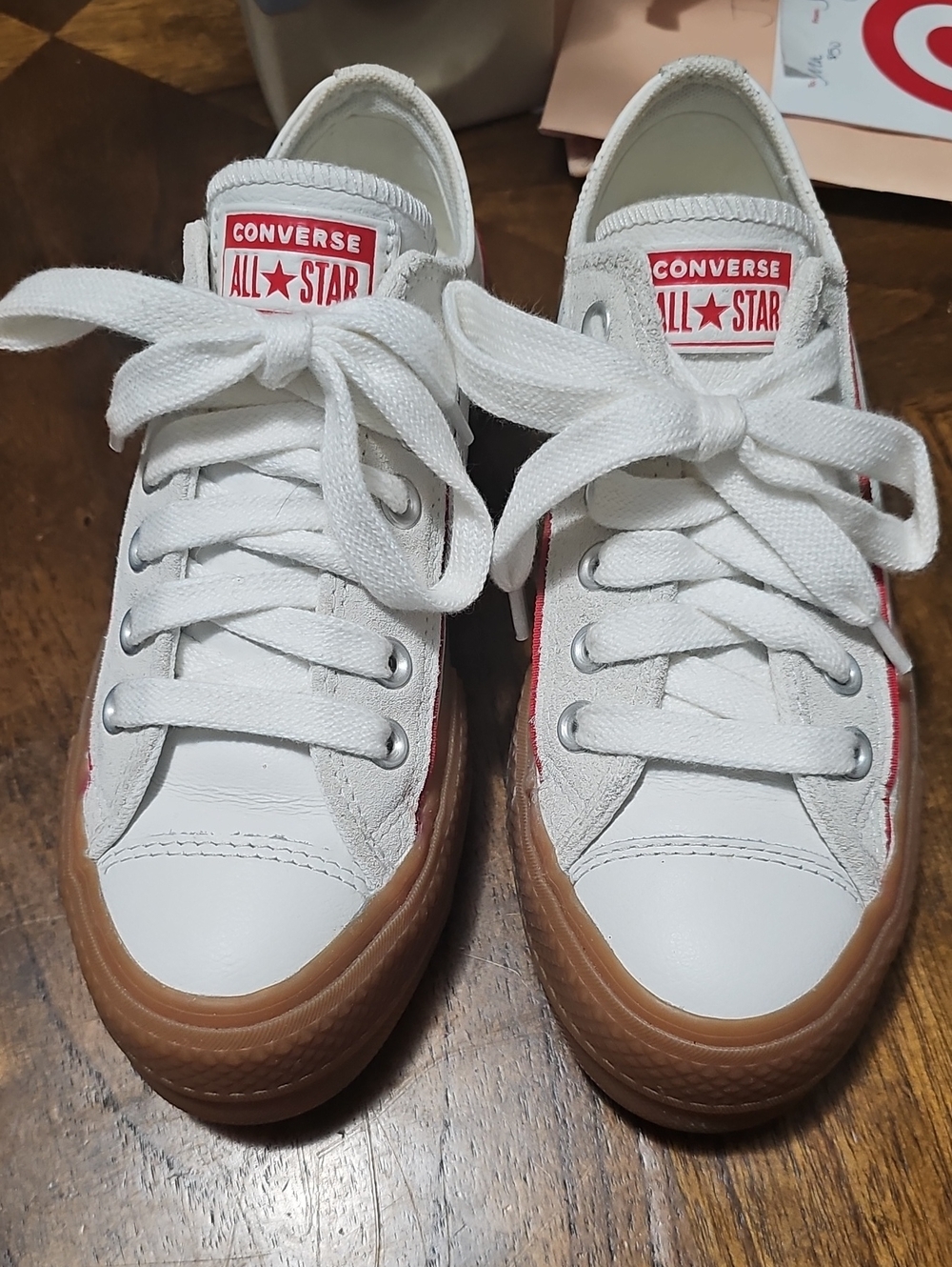 Converse White Low Top Sneakers with Gum Sole and Red Logo All Leather
